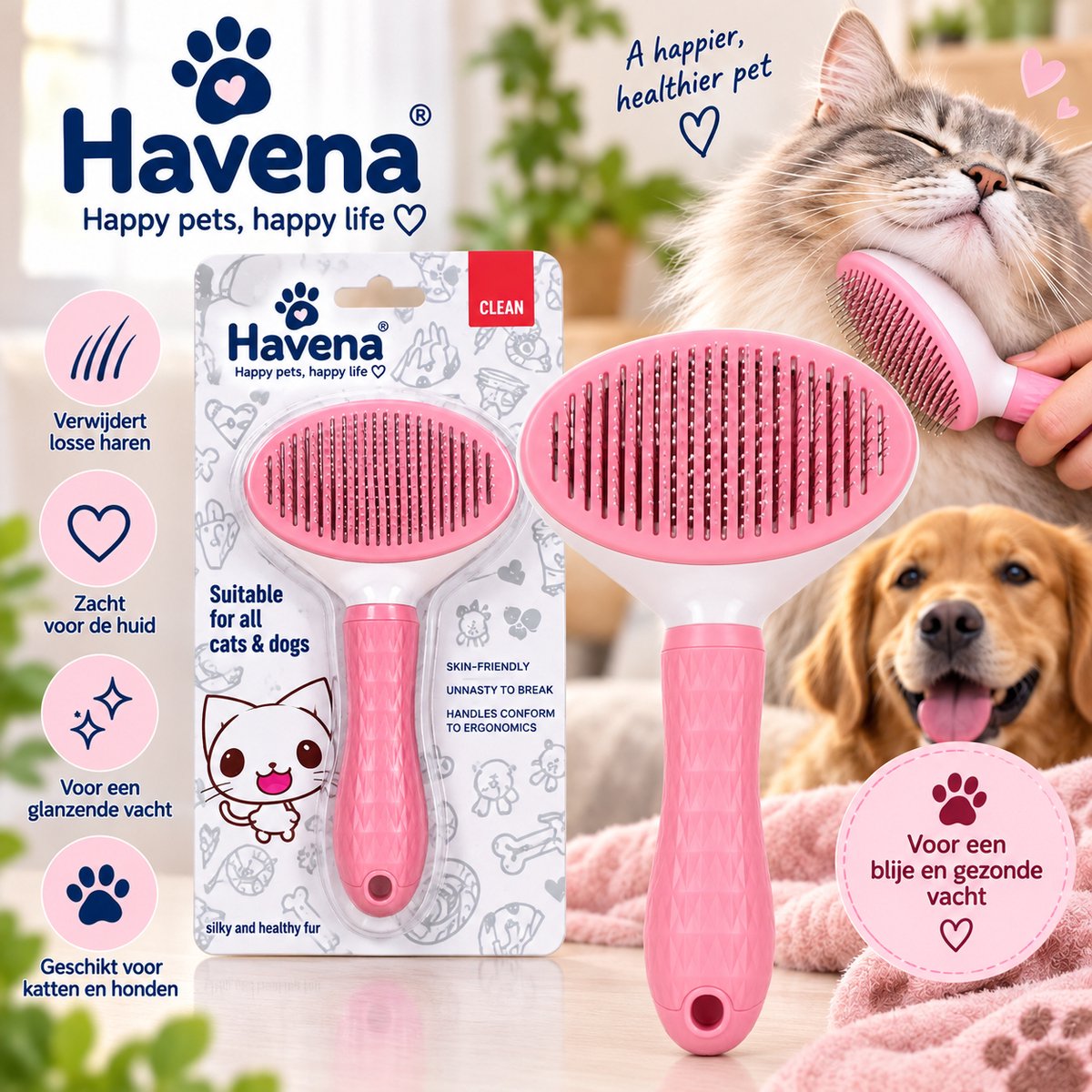 Havena Honden- en Kattenborstel – Verzorgingsborstel voor Losse Haren – Zacht voor Huid en Vacht – Roze