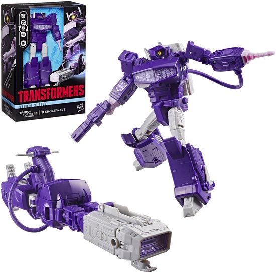 Shockwave actiefiguur in robot- en voertuigvorm naast de originele productverpakking.