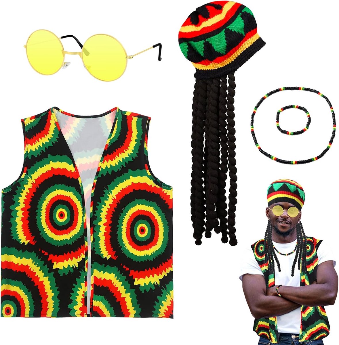 5-delige rasta-kostuumaccessoireset, Jamaicaanse reggae outfit kit met dreadlocks, pruikkap, batik-kleur, T-shirt, rasta-zonnebril, halsketting, gevlochten armband voor mannen en vrouwen, carnaval