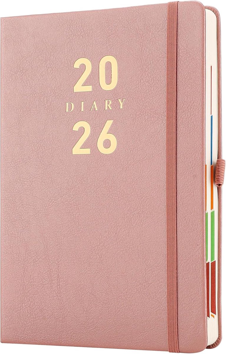 2026 Dagboek Planner A5, Dagelijkse Organizer Planner 2026 Pagina per Dag, Kleur Side Tabs, Hardcover Volledige pagina Dagboek, Pen Houder, Rose Goud