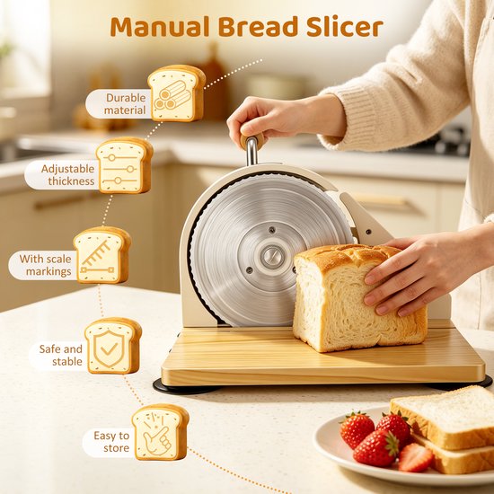 CINK & Co Handmatige broodsnijmachine met handkruk - Instelbare snijdikte - Inklapbare broodsnijder met RVS snijgereedschap - Beige — afbeelding 4