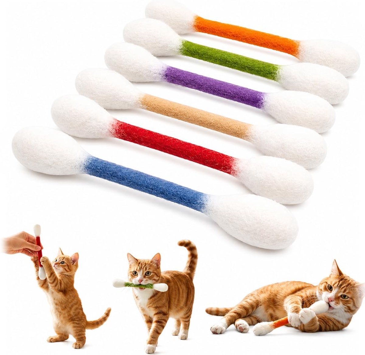 6 Katten Speelgoed Reuzen Wattenstaafjes, Mix van Kleuren, met Kattenkruid, Interactief Vilt Speelgoed, om op te Bijten en te Spelen, Stevig en Duurzaam