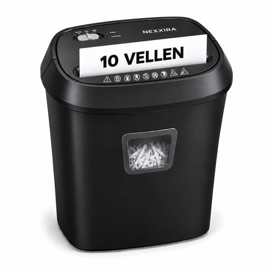Zwarte Nexxira papierversnipperaar met de tekst '10 VELLEN' boven de invoersleuf en gevulde opvangbak.