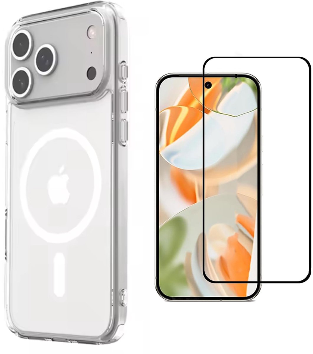 Hoesje en Glas Geschikt voor Apple iPhone 18 Pro - Geschikt voor MagSafe Telefoonhoesje - Transparant - Casemania Shock Proof Magnetische Back Cover en Tempered Glazen Screenprotector