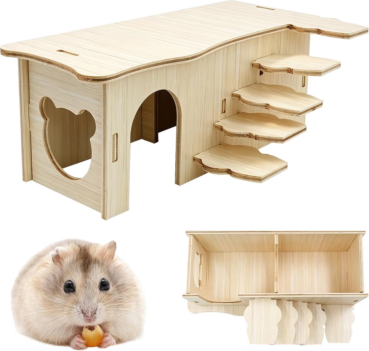 houten schuilplaats, kleine dierenopvang met platform, dakzijingang en trappen, natuurlijk houten kooi-accessoire voor cavia's, gerbils, dwerghuisdieren
