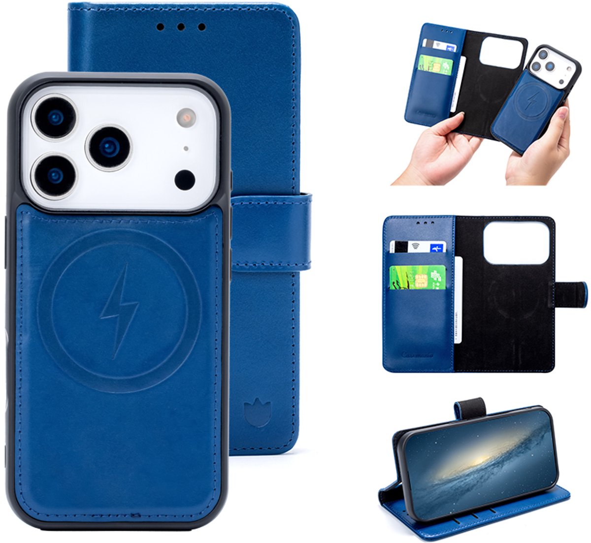 Casemania Echt Leren Hoesje Geschikt voor Apple iPhone 18 Pro Max - Navy Blue - Geschikt voor MagSafe - Leer 2 in 1 Magnetisch Afneembare Book Case - Portemonnee Telefoonhoesje met Pasjeshouder