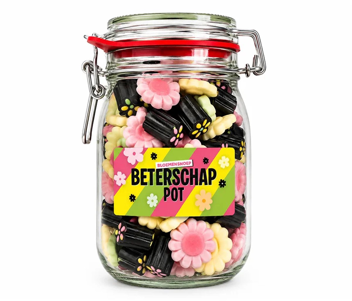 Snoeppot weck "Beterschap Pot" bloemensnoep/drop (1000 ml)