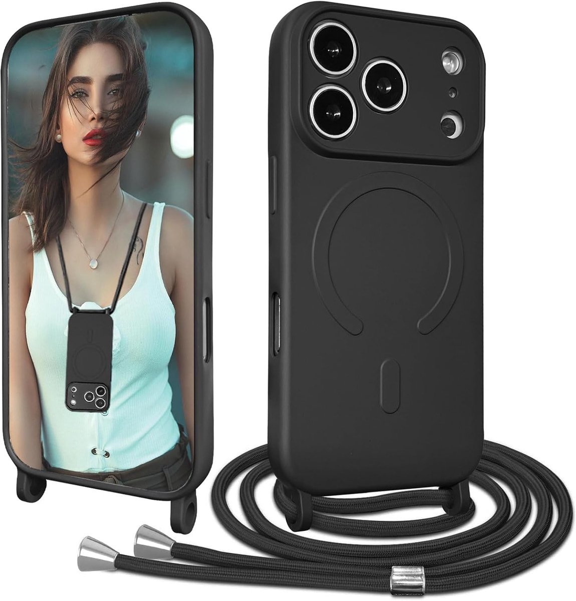 Case voor iPhone 17 Pro Telefoonhoesje met koord Compatibel met MagSafe Camerabescherming TPU Siliconen Verstelbaar Lanyard Hoesje Afneembare touw Cover-Zwart