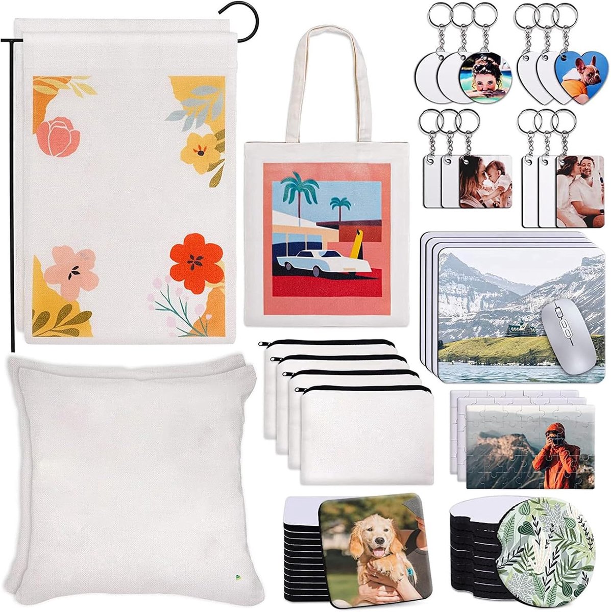 77-delige Sublimatie Set, Warmteoverdracht Printset Sublimatieoverdracht Warmtepers Ambachtelijke Blanks voor Sleutelhanger Make-up Tas Kussensloop Muismat Auto