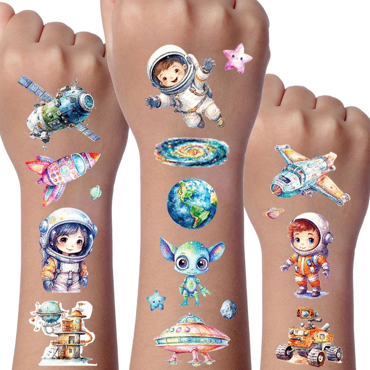 Glitter Tattoo Set, 12 Vellen Ruimte Tijdelijke Tatoeages voor Kinderen, Waterdichte Nep Tatoegeringsreeks Met, Feestdecoratie, Tatoeagestickers voor Gongens en Meisjes