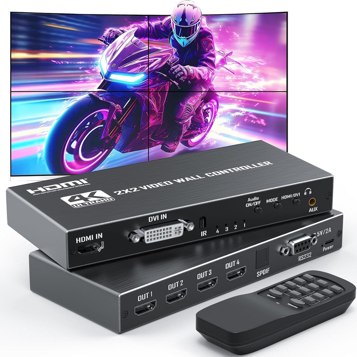 Video Wall Controller 4K 2X2 TV Wandprocessor met HDMI+DVI+RS232 Input Ondersteuning 180 ° Draaien 4 HDMI Output Ondersteuning Afbeeldingen Stikken 1x2 1x3 1x4 4x1 etc