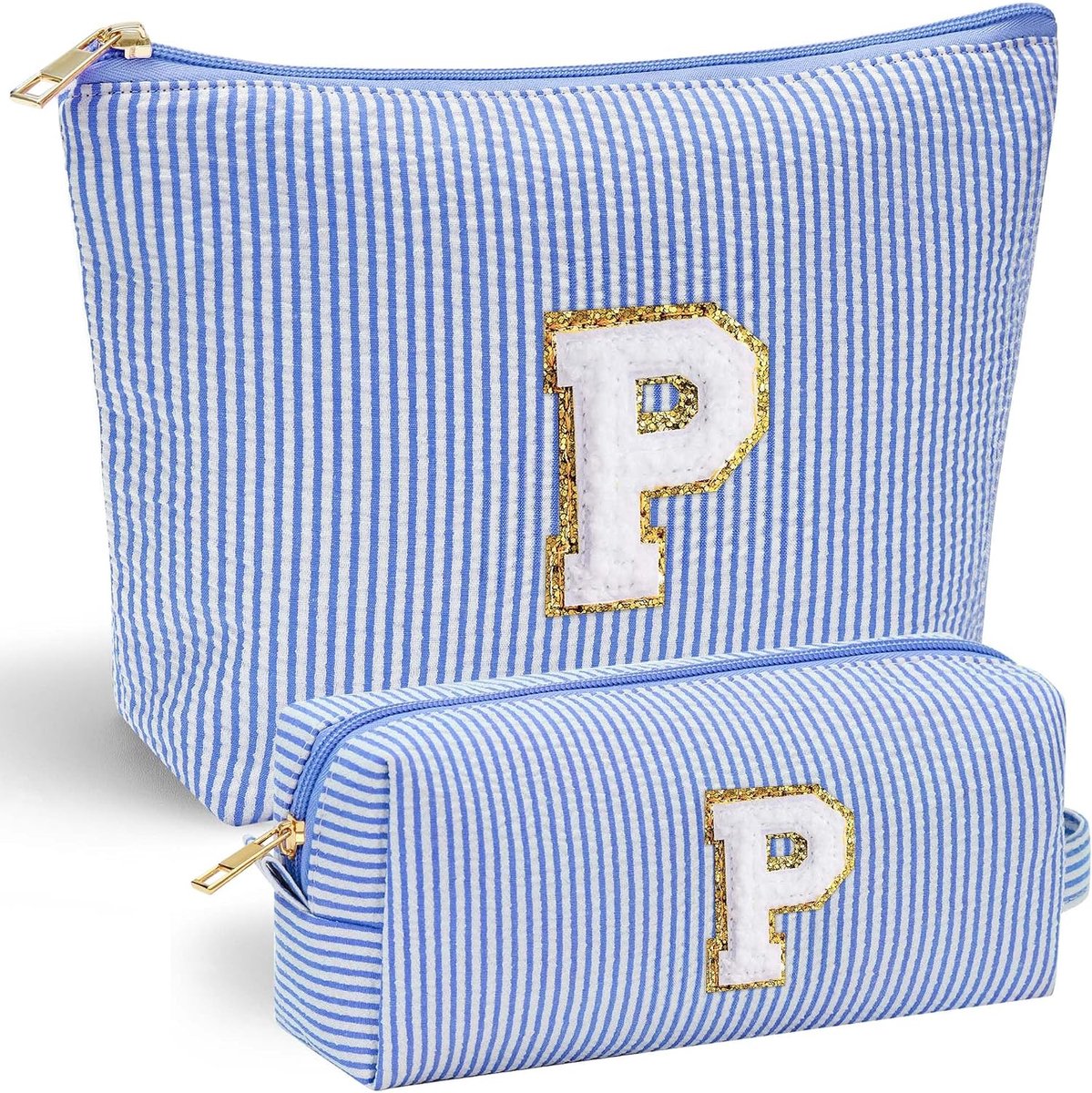 Make-uptas voor dames en meisjes, 2 stuks, make-uptas, beautycase, gepersonaliseerde letters, cosmeticatas, verjaardagscadeau voor vrouwen, meisjes, vriendin, moeder, blauw, P