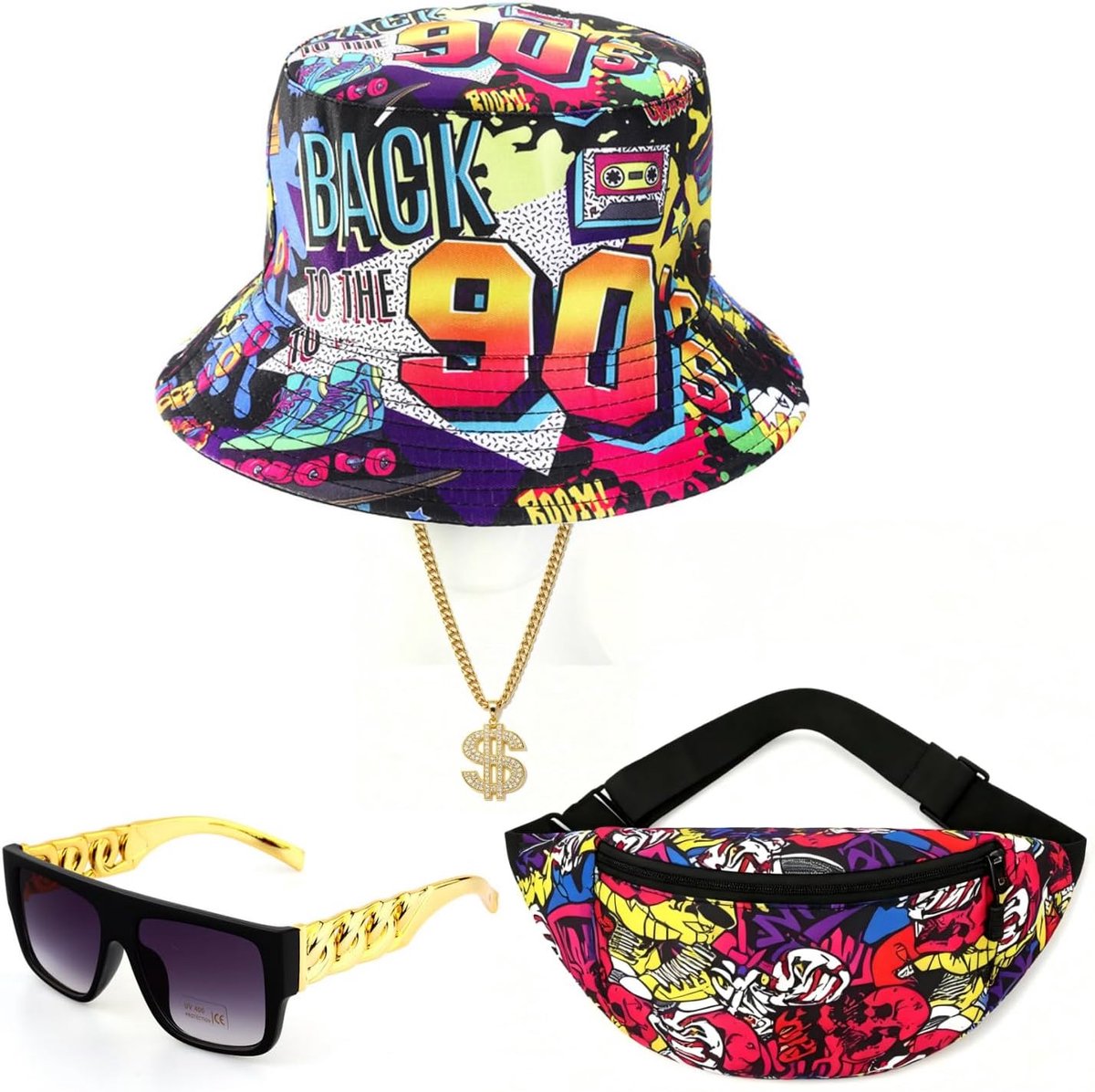 90s feestaccessoires, 4 stuks 80s outfit heren hip-hop rapper kostuum vissershamer, heuptasje, nepgoudketting, zonnebril voor carnaval themafeestje