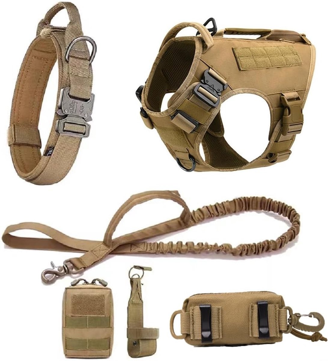 hondenharnas Huisdier Duitse herder Malinois training wandelvest hondenharnas en riem en halsband set voor alle rassen honden - bruin volledige set - XL