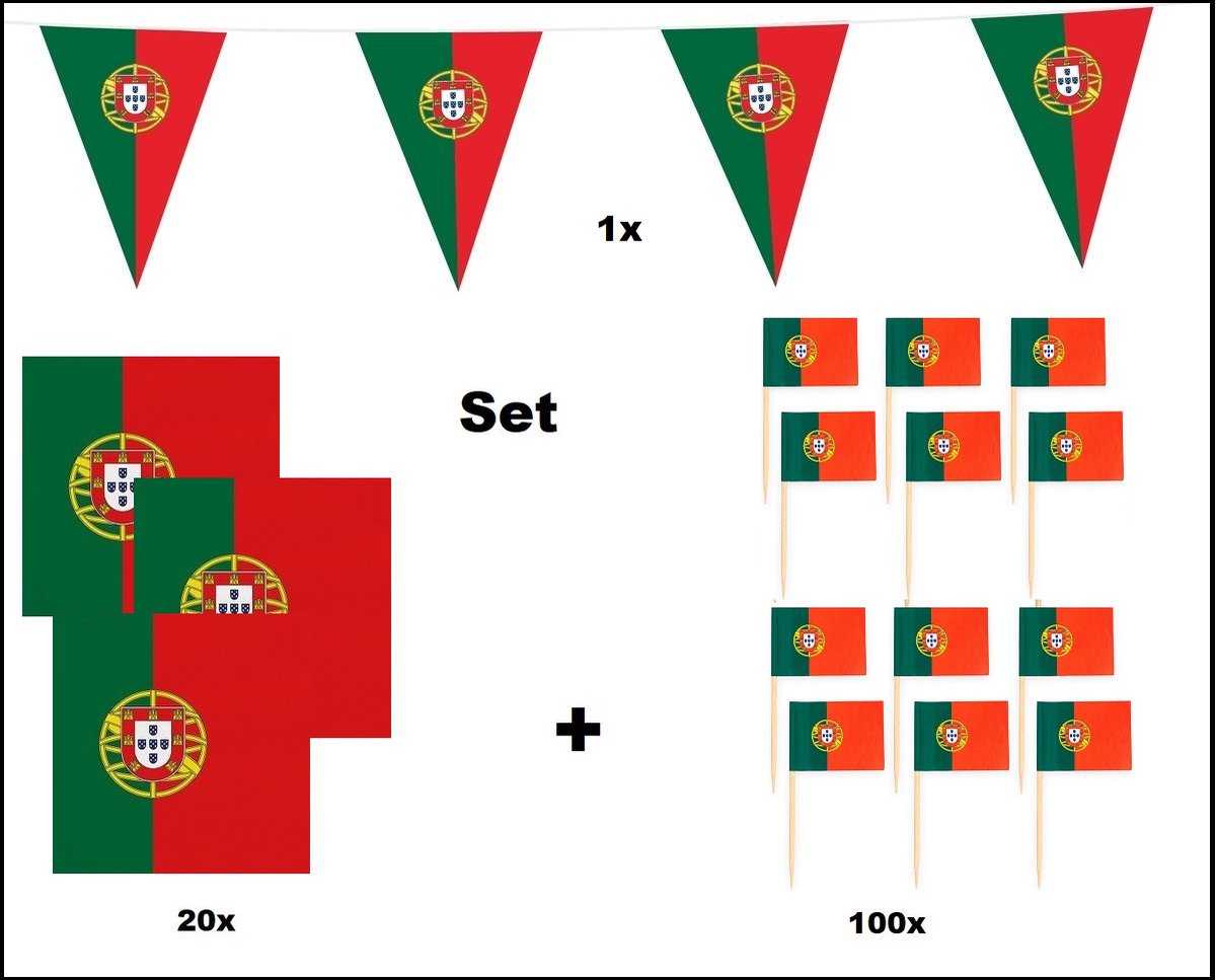 Feestpakket Portugal | 1x Vlaggenlijn Portugal 10 meter + 20x Servetten Portugal 33cm x 33cm 3 laags + 100x Cocktailprikkers Portugal- Portugal set