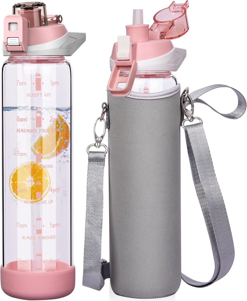 1 liter sportdrinkfles, glas met rietje en tijdmarkering, lekvrij, BPA-vrij, motivatie met beschermhoes, geschikt voor smoothie, vruchten, koolzuurhoudende dranken
