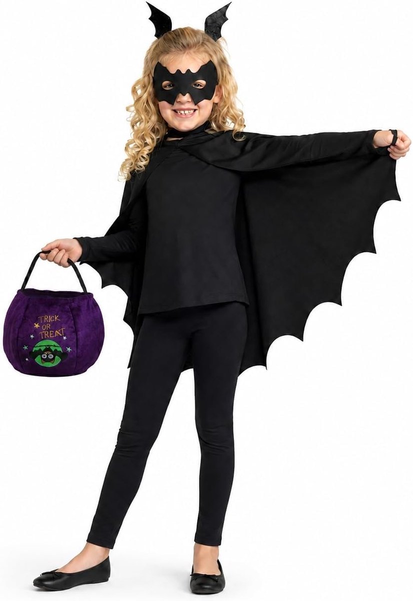 Kostuumset voor kinderen met cape met vleugels, masker, haarspeldjes & snoepzak – Vampierkostuum voor meisjes, carnaval & Halloween