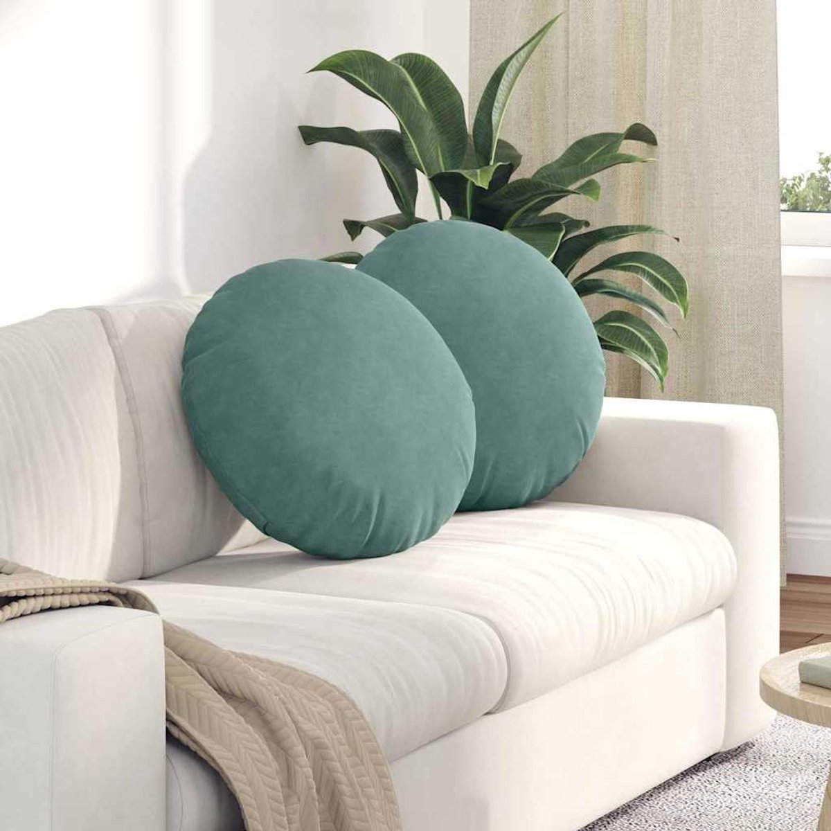 Zitkussens, 2 stuks, zeegroen, diameter 50 x 19 cm, fluweel met ritssluiting, zacht polyestervezel-zitkussen voor woonkamer, eetkamer, slaapkamer en kantoor, elegant rond zitkussen
