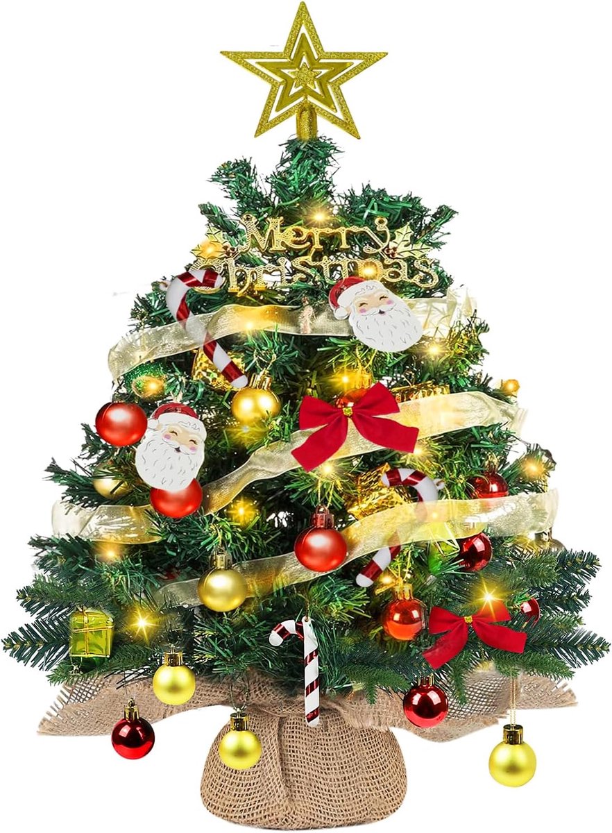 kerstboom met Verlichting LED 60 cm/24" Tafelkerstboom Batterijgevoede Verlichting Kunstmatige Desktopversieringen Boom met Bessen, Dennenappels en Strikken voor Thuis, Keuken, Kantoor,Bar Decor