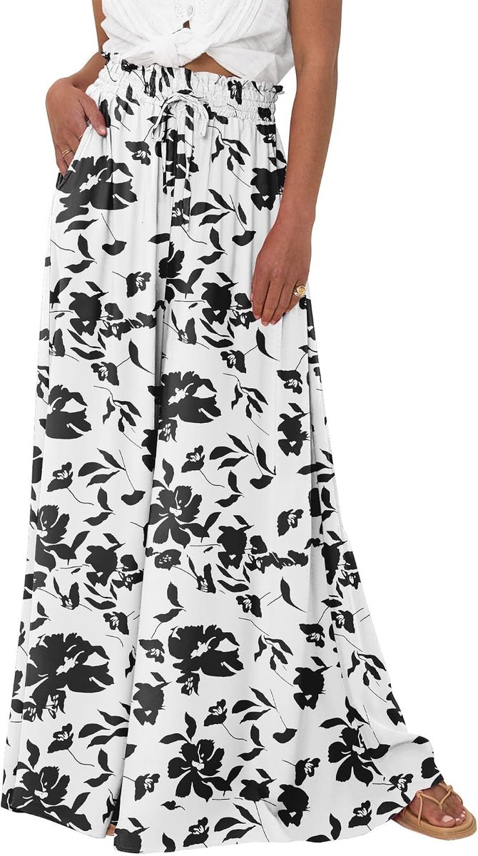 Broek voor dames, wijde pijpen, zomerbroek, lichte palazzo-broek, elegante wijde broek, comfortabele baggy hoge taille, vrijetijdsbroek, boho-bloemen/effen stof, strandbroek met zakken