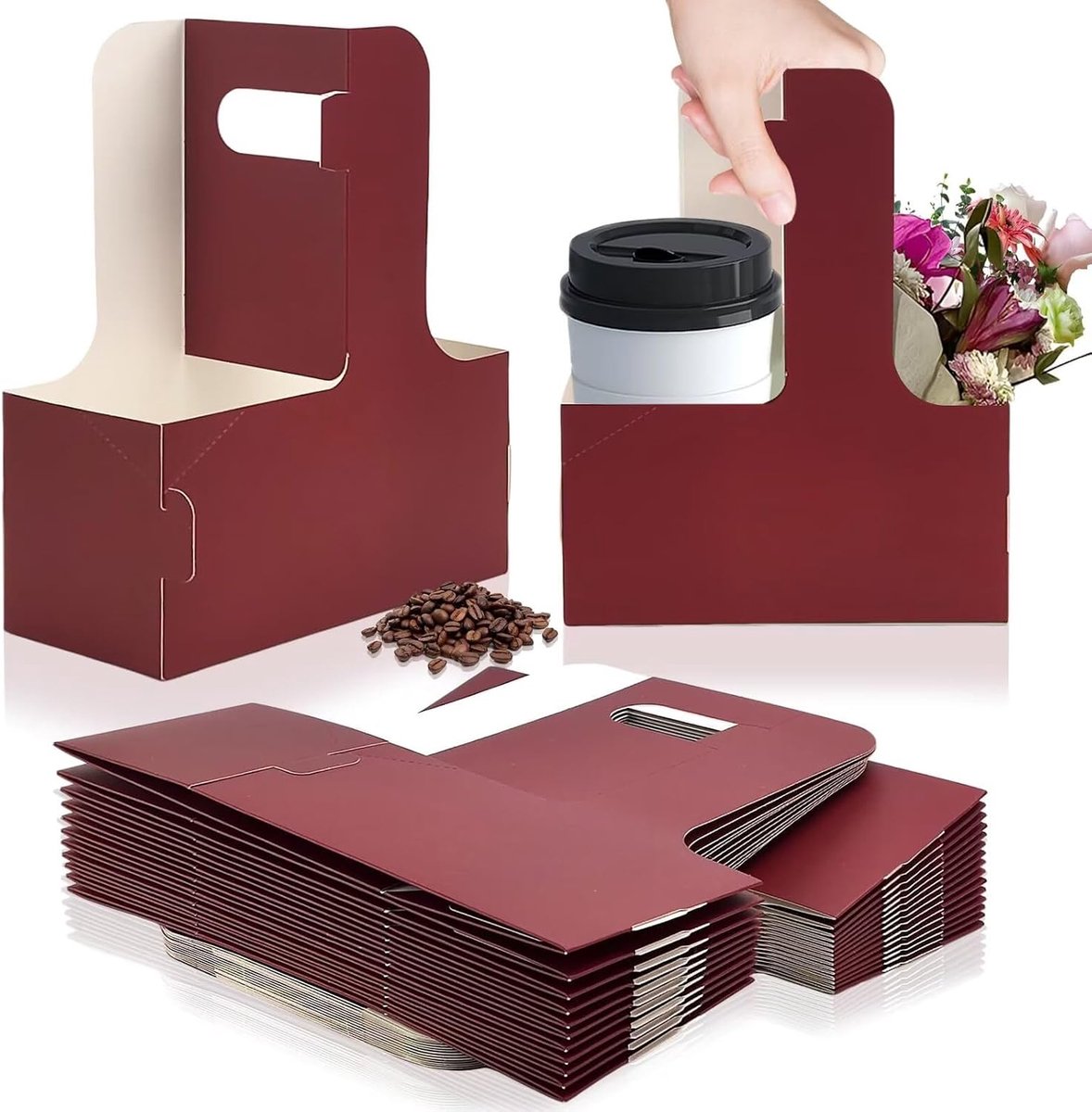 2 kopjes kartonnen bekerhouder, wegwerp drankdrager voor levering met handvat, koffie en drankjes Take Out Cup Carrier. (Rood, 15 stuks)