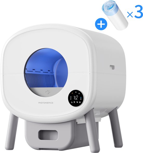 Witte, zelfreinigende kattenbak van Photonspace met blauwe binnenkant en digitale bediening. Inclusief 3 rollen zakjes.