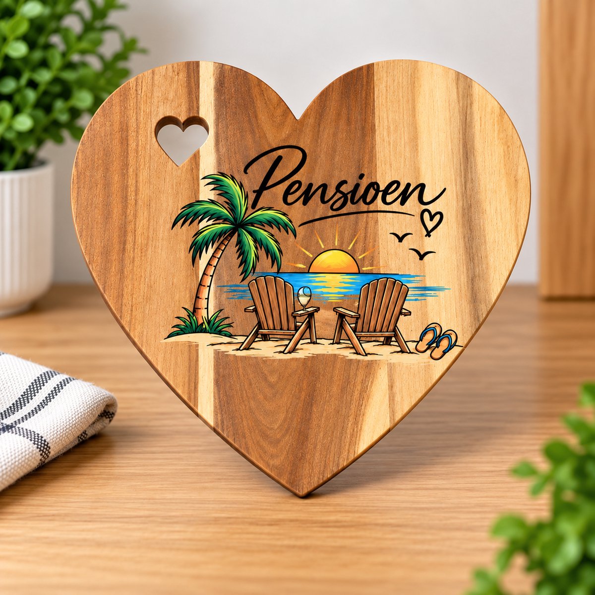 Afecto Pensioen Cadeau – Houten Hart met Tekst Pensioen – 30 x 25 cm – Afscheidscadeau Collega – Pensioen Decoratie – Strand Design- acacia hout – Origineel Pensioen Cadeau – na