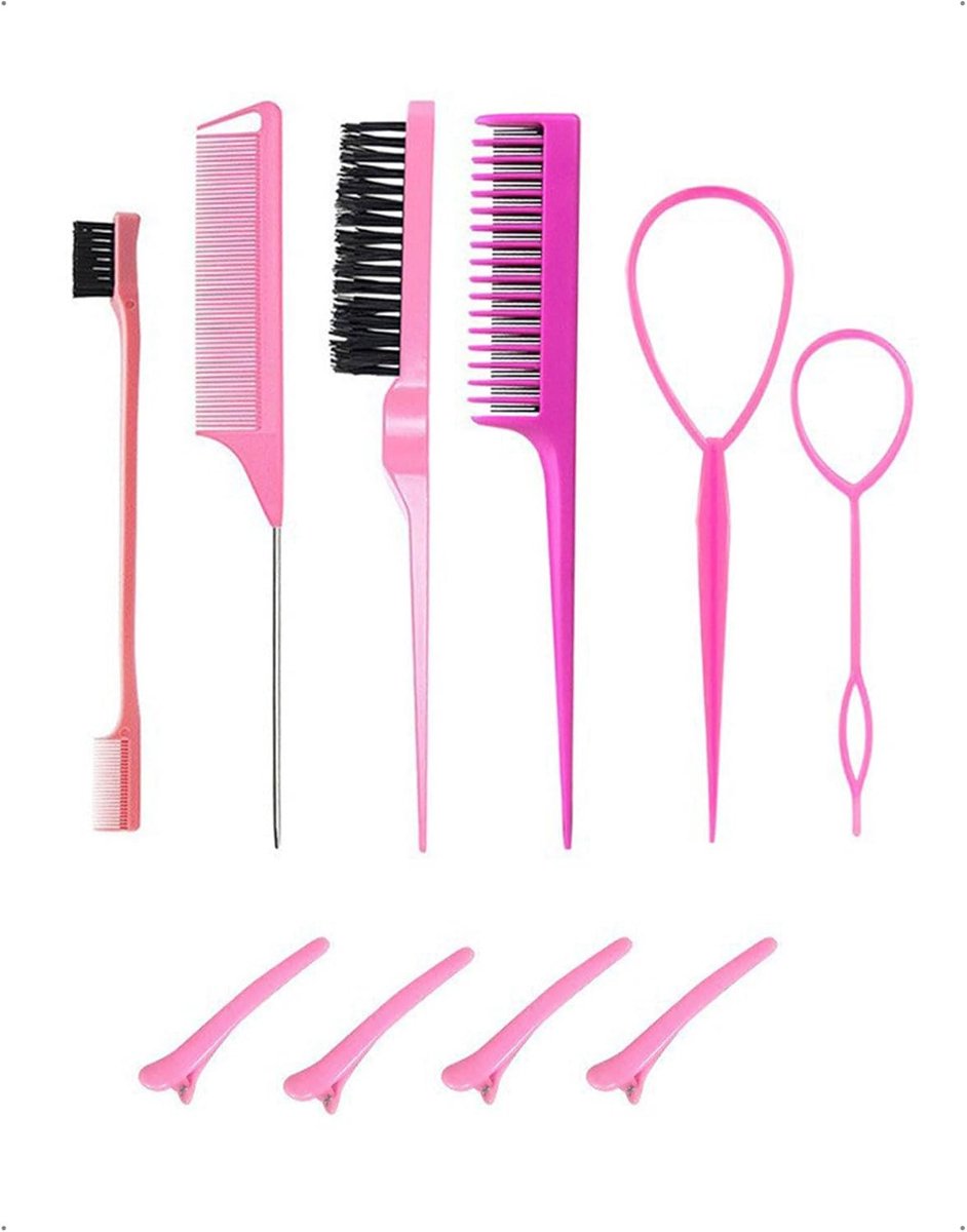 10-delige stylingset Roze kappersaccessoires Rattenstaart met punt Dameshaarkam voor het vastzetten kammen Haaraccessoires voor het vlechten en verdelen Haaraccessoires de salon en thuis