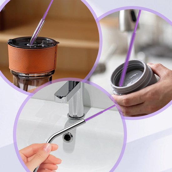 Rietjesborstel Set - 2 Stuks Herbruikbare Rietjes Reiniger met Anti-slip Handvat - Zachte Flexibele Dunne Flessenborstel - Food-Grade Siliconen (Paars) — afbeelding 5