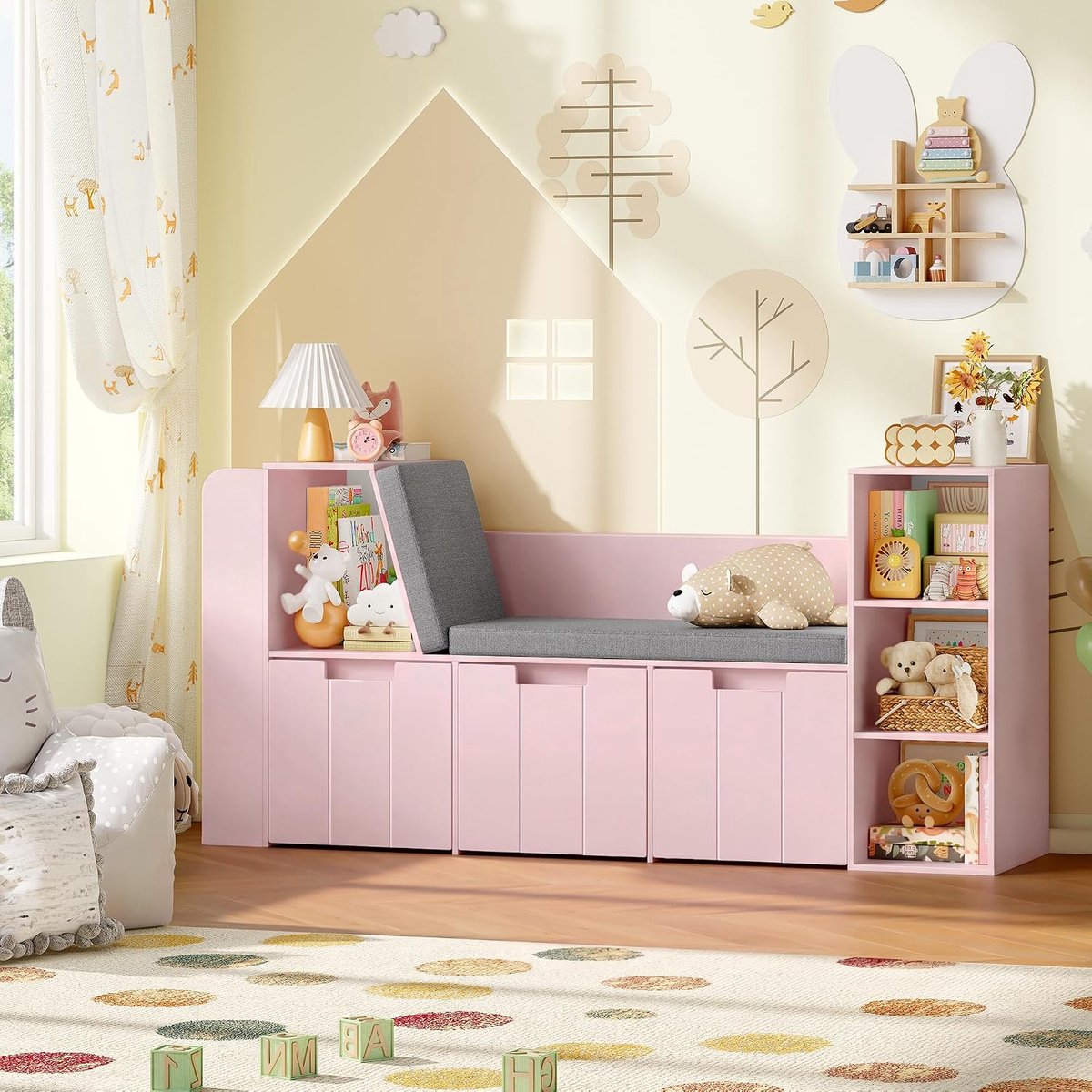 Kinderrek 156 cm met bank, speelgoedrek voor kinderkamer, opbergdozen op wielen, roze, 80 x 40 x 156 cm