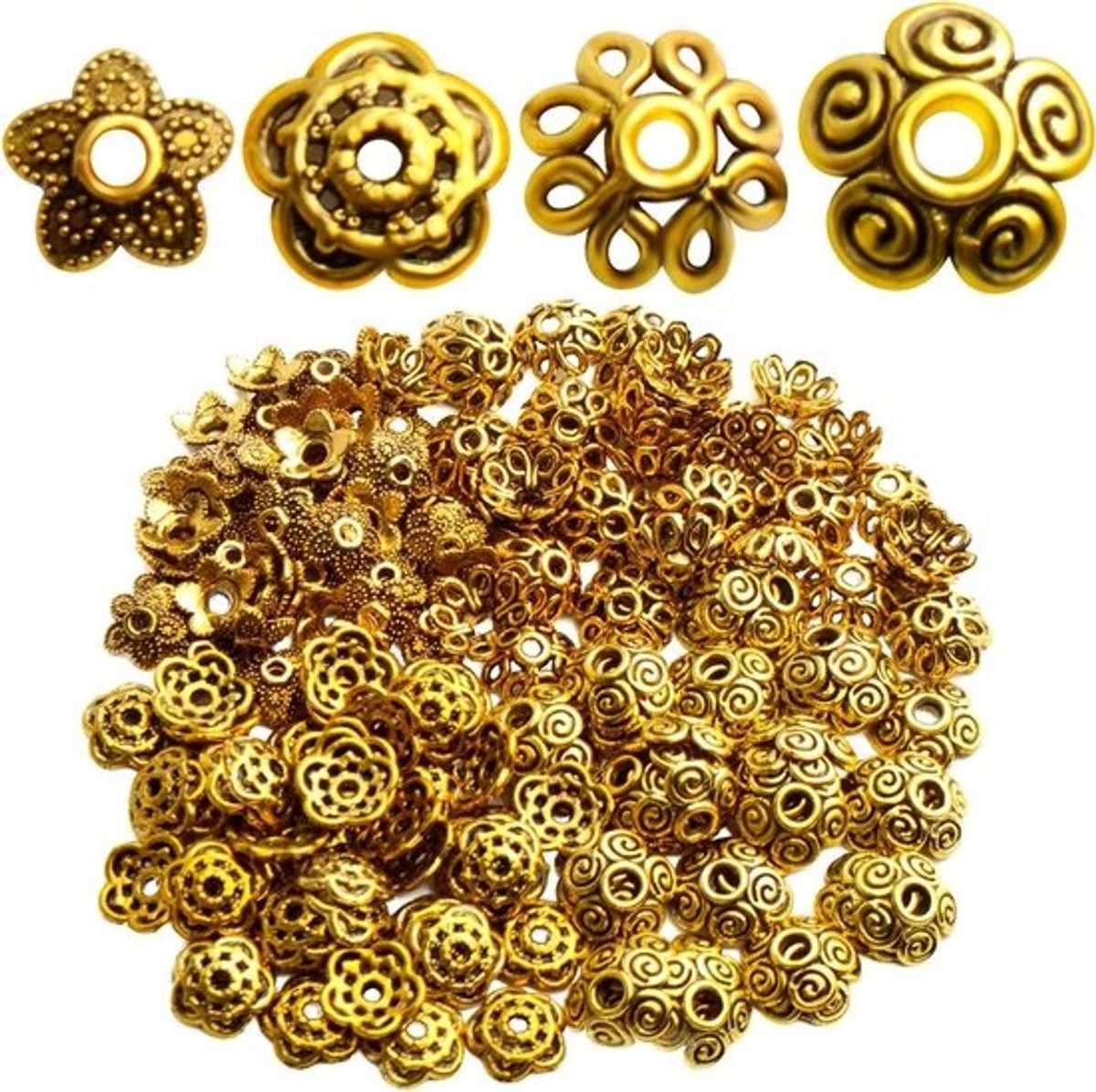 Bedelkapjes Bloemen - Metaal Versiering - Sieraden Maken - Antiek Goud Look - 200 Stuks - Goud