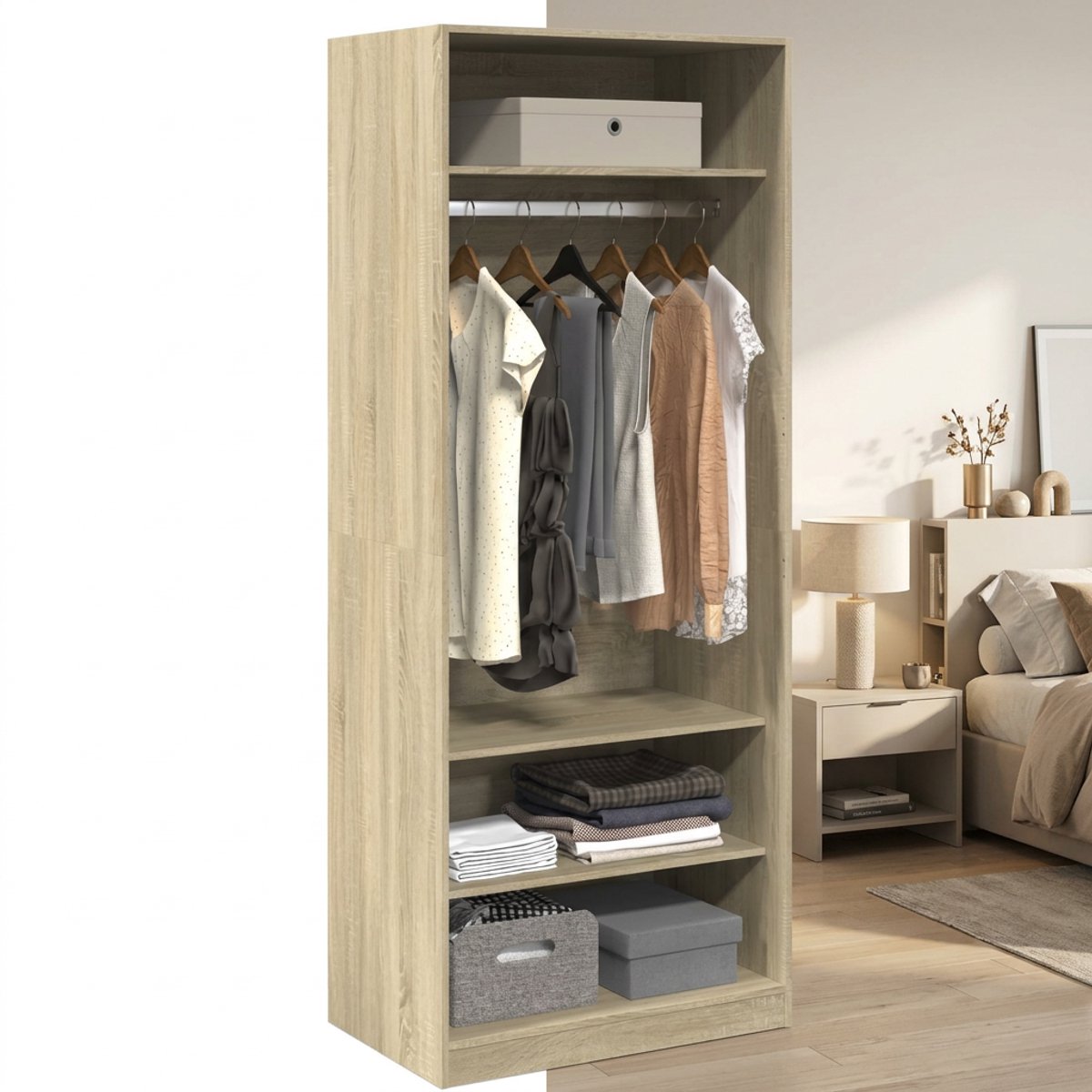 GranMaison Kledingkast - Slaapkamer - Kledingkasten - Ladekasten - Commode - Organizer - 80x50x200 cm - Bewerkt - Hout - Sonoma Eikenkleurig