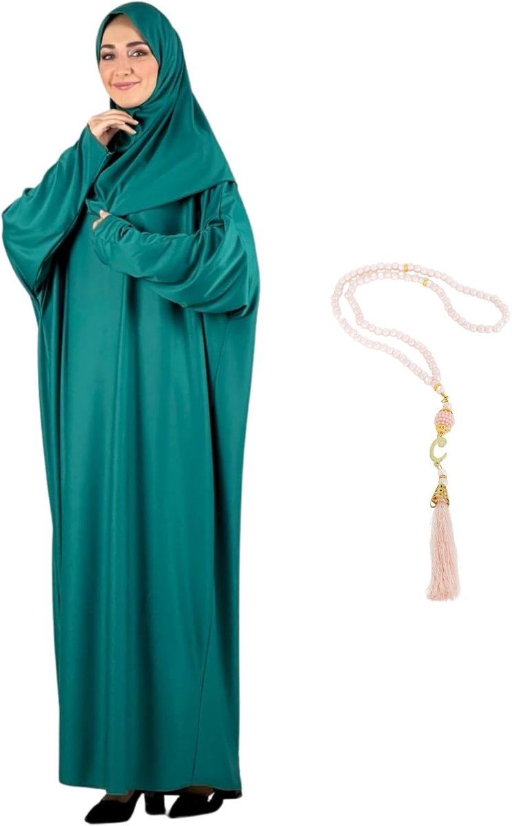 Gebedskleding met Hijab, Lange Abaya Jurk, Turkse Islamitische Outfit, Dubai Kaftan met Rozenkrans