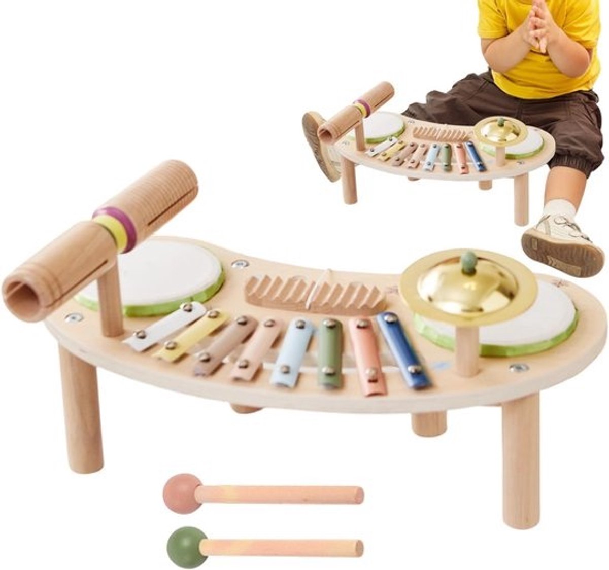 Percussie Muziekset - Houten Instrumenten - Muzikale Ontdekking - 7-in-1 Combinatie - 39 cm - Veelkleurig
