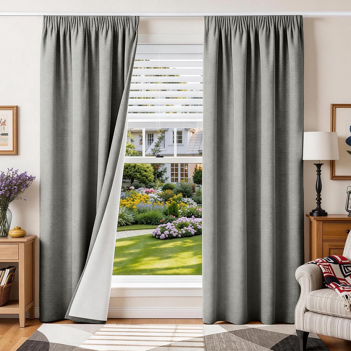 100% ondoorzichtige gordijnen met plooiband, linnenlook, verduisteringsgordijnen, 230 H x 120 B x 2 stuks, lichtgrijs, thermogordijnen, bescherming tegen kou, woonkamer, verduisteringsgordijn