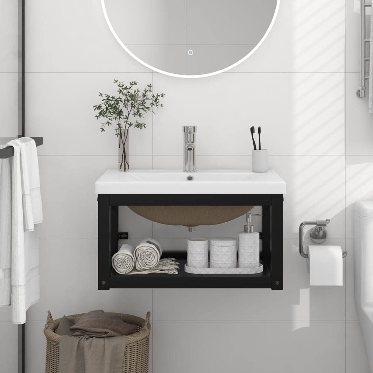 Wandwastafelframe met inbouwwastafel, zwart, ijzer, moderne wastafel set voor badkamer, wasruimte, keramische wastafel met overloop, stabiele opslag