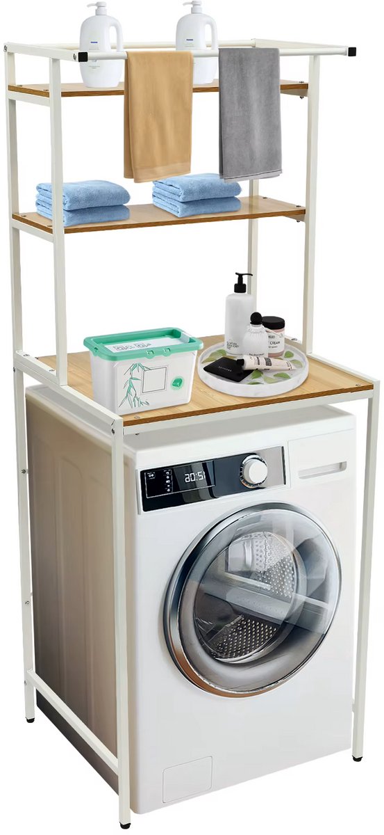 Homezo opbergrek boven wasmachine - 3 Opbergniveaus - Open ontwerp - Draagvermogen planken 10 kg - Onderste deel: 65x60x97 cm