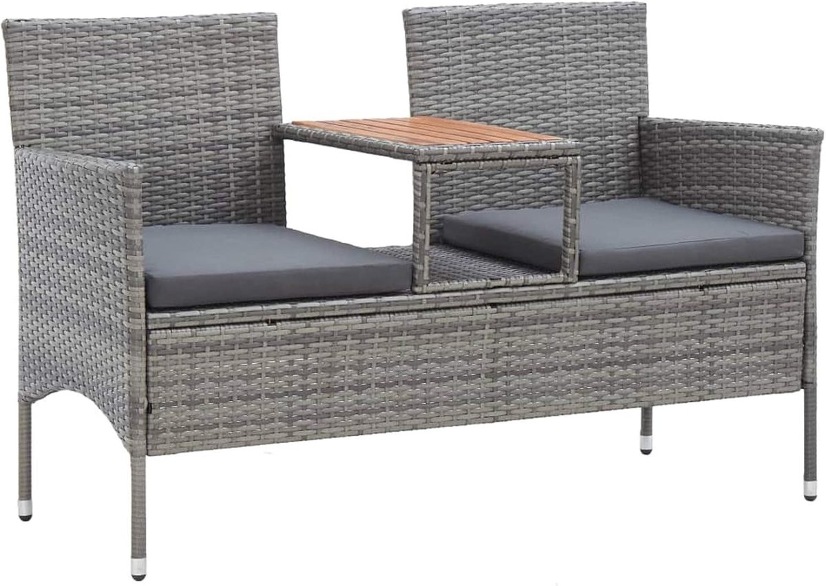 Tuinbank met 2-zits en tafel, 143 cm, polyrotan, grijs, sterk en robuust, gemakkelijk te reinigen, tuin