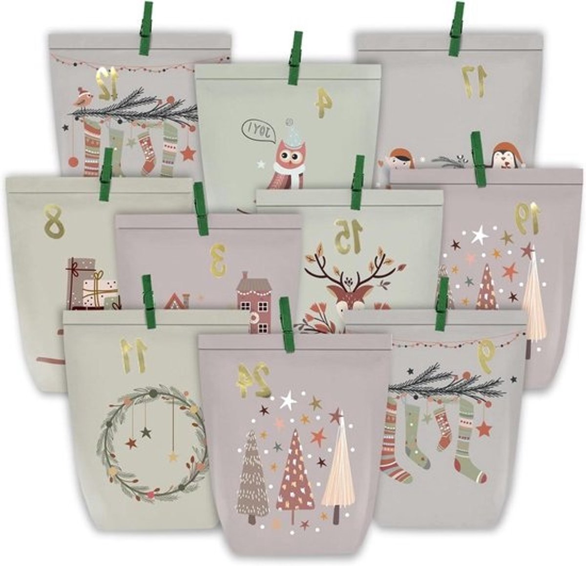 Kalender Vulling - Papieren Zakjes - Kerstmis Knutselen - Met Goudkleurige Nummers - 24 Stuks - Groen