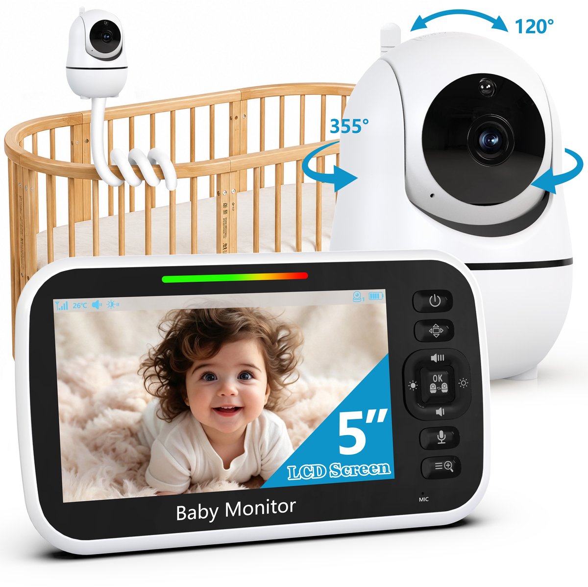 FOSMET Babyfoon - Baby Monitor - Baby Camera - Uitbreidbaar Tot 4 Baby Camera's - Zonder Wifi en App - Terugspreekfunctie - 5 Inch HD Scherm - 355° Draaibare - Kantelbare Babycamera - FHSS Connectie - 300M Bereik - Nachtvisie - Incl. Houder - Wit