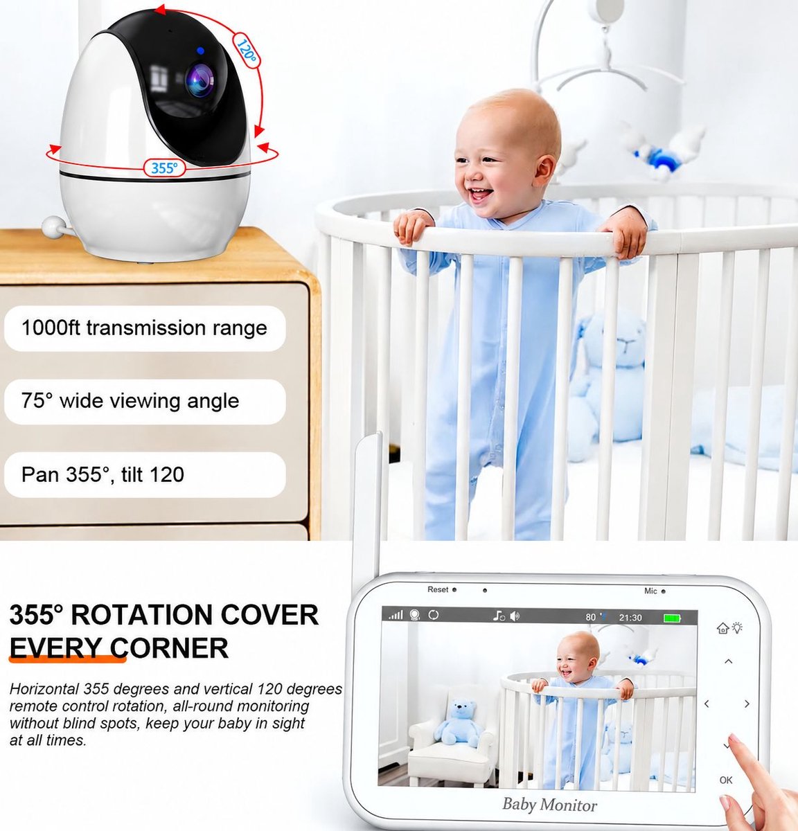 VHV - Babyfoon met camera - Baby monitor - Baby camera - 4.3 inch IPS-scherm - Full HD Resolutie - Temperatuursensor - Nachtlampje - Nachtzicht - Video Opname Met uw SD kaart - Zonder Wifi en App thumbnail 6