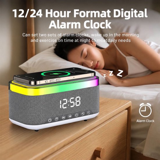 VHV - 5-in-1 Wireless LED Speaker - Draadloos - Bluetooth Speaker - 6 Ambient-lampen - Digitale klok, LED-display - Draadloze Muziek Box - Draadloze Oplader - Wireless charger - GSM Lader - voor iPhone/Android/iPad/Samsung van VHV — afbeelding 3