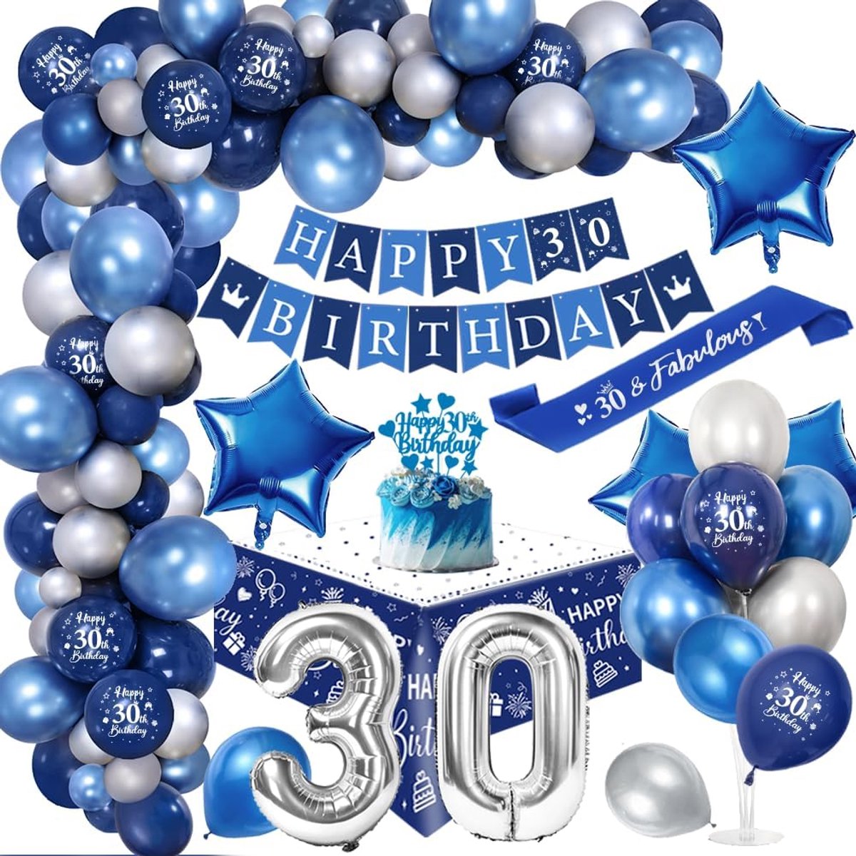 30e Verjaardagsdecoratie voor mannen, blauw en zilver, ballonboogset met Happy Birthday-banner, taarttopper, tafelkleed, verjaardagssash, groot aantal 30 ballonnen, chroom blauwe zilveren ballonnen