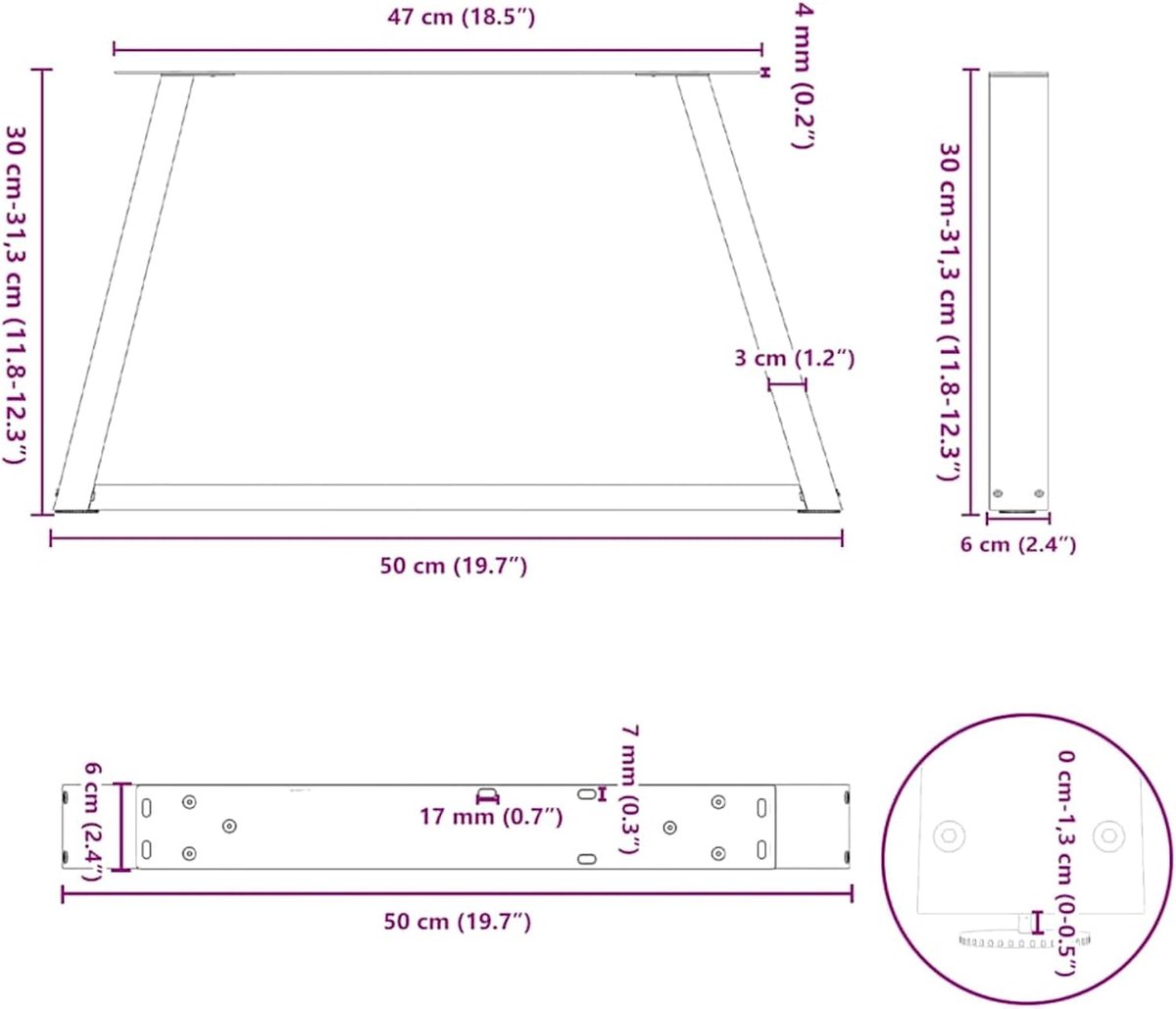 Poten V-vorm, 2 stuks van gepoedercoat staal, natuurlijk staal, 50 cm hoogte, verstelbare nivelleraar, voor moderne salontafels