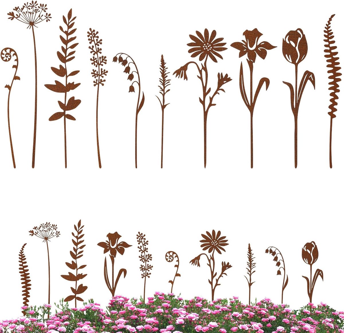 10 stuks rustieke tuinstekers, bloemenstekers, roestlook, tuindecoratie en lentedecoratie voor tuin, gazon, terras, balkon en bloempotten