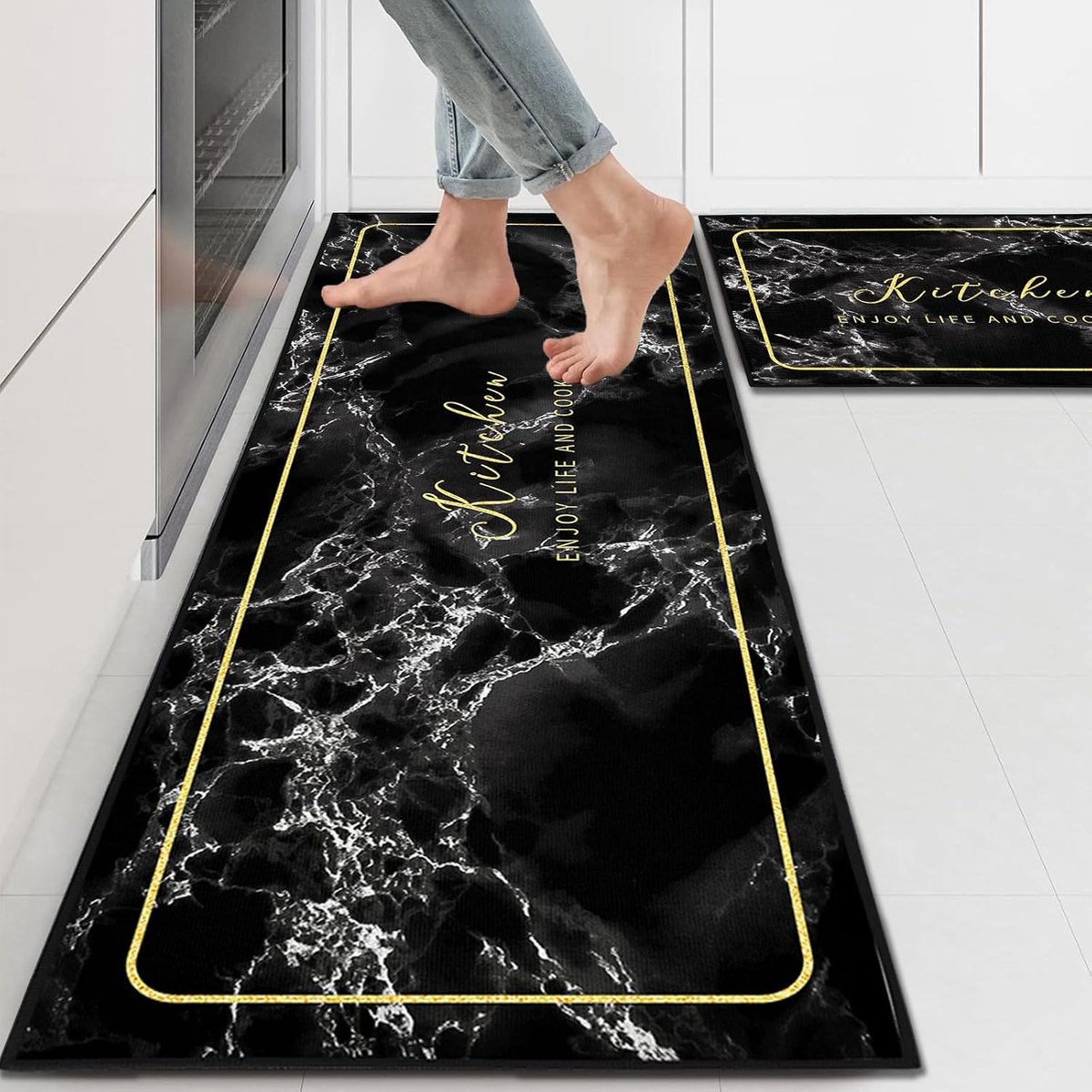 Keukenmatten, set van 2 stuks, water- en olieabsorberend, voor keuken, wasserij, woonkamer (zwart marmer, 43 x 150 cm + 43 x 75 cm)