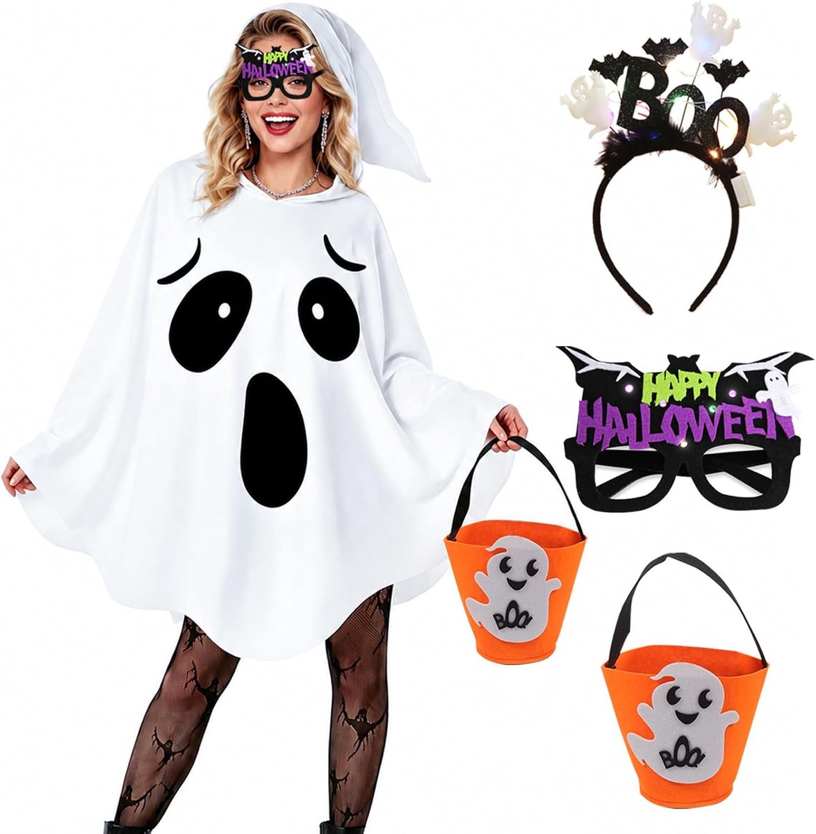 Spookcape met capuchon voor dames, Halloween-kostuum met licht