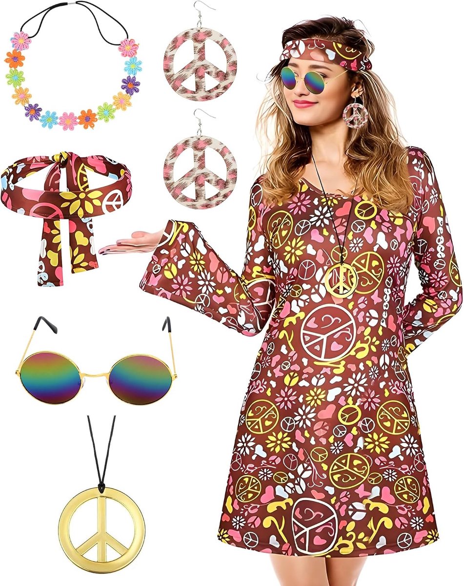 70 hippie kostuum set vrouwen verkleden met accessoires dames disco outfit hippie pak kleding 70s 60s aankleden voor vrouwen volwassen carnaval maskerade Halloween kostuum