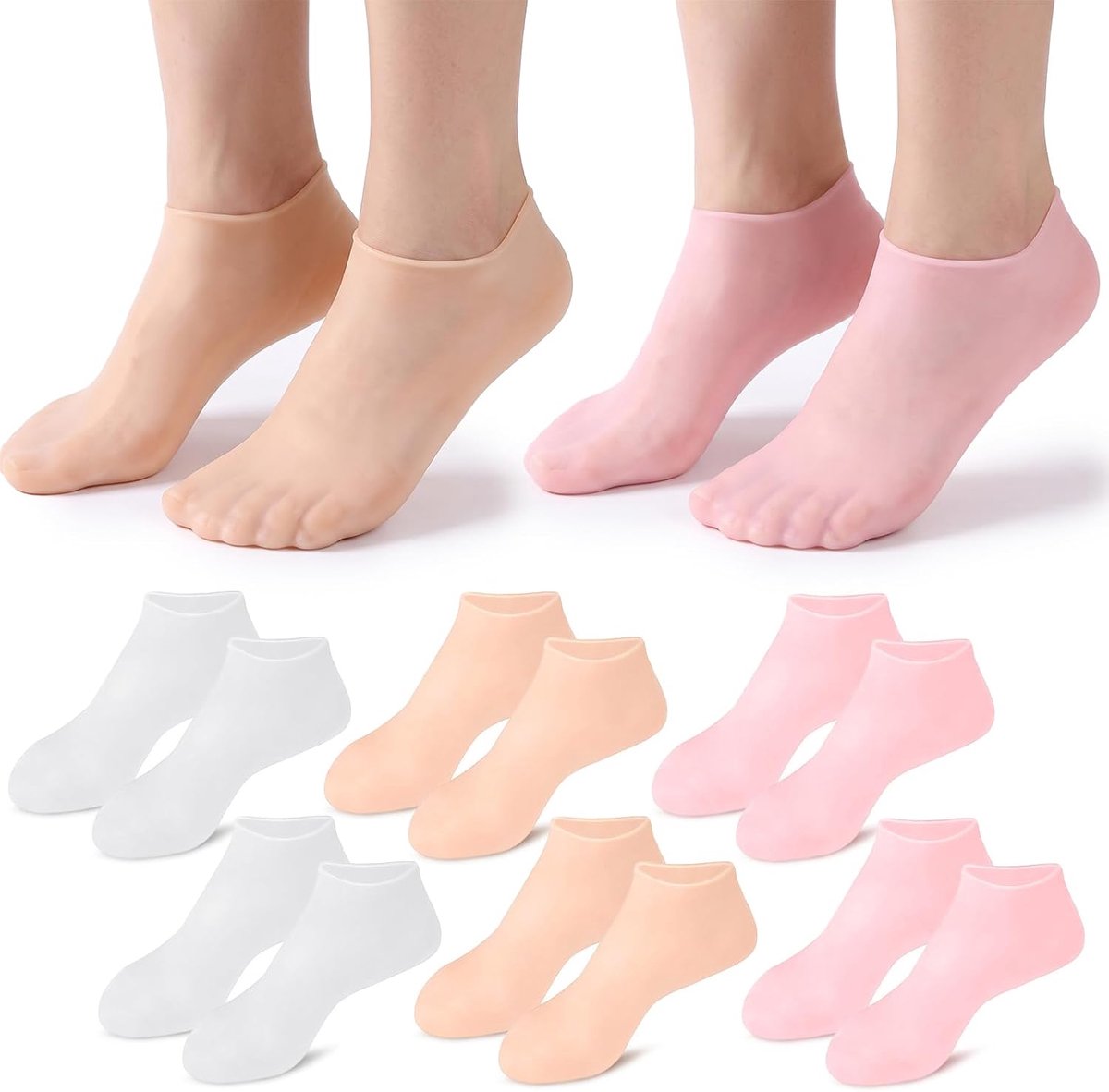 Vochtinbrengende gelsokken met antislip siliconen, voor zachte eeltverzorging en verzorging van gebarsten hielen, herbruikbare katoenen voetmaskers voor dames en heren, 3 kleuren