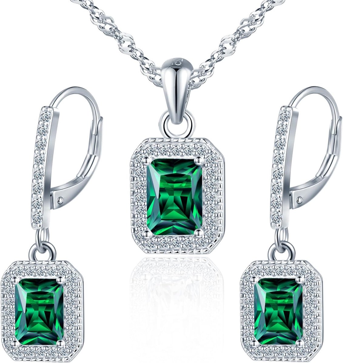 Halsketting en oorbellen met smaragdgeslepen hanger voor dames, zilver 925 met wit, paars, roze, groen, blauw of rood zirkoniasteentjes, elegante zilveren sieradenset voor vrouwen en